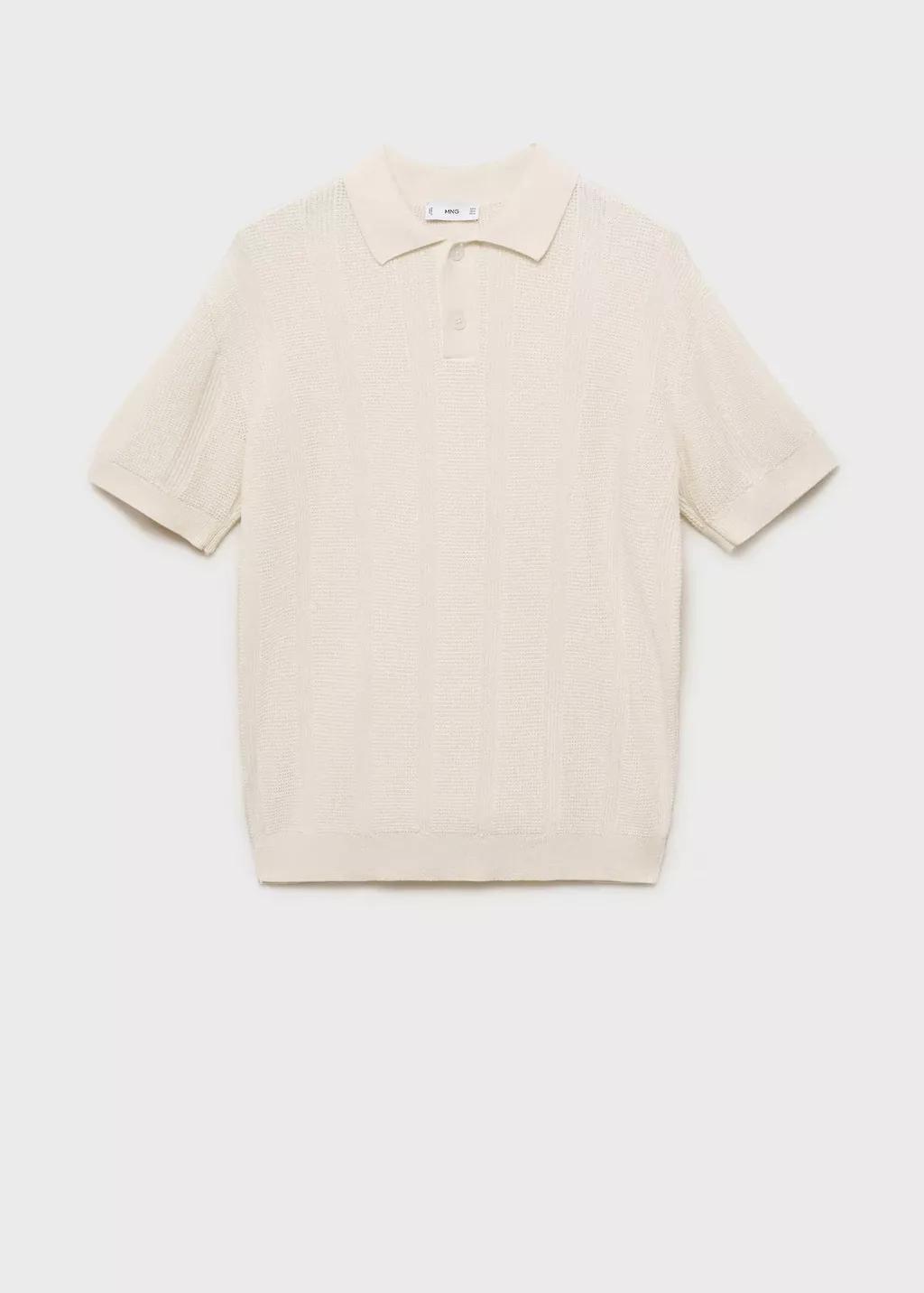 Beige Striped Openwork Knitte Polo Shirt, , large image number 3