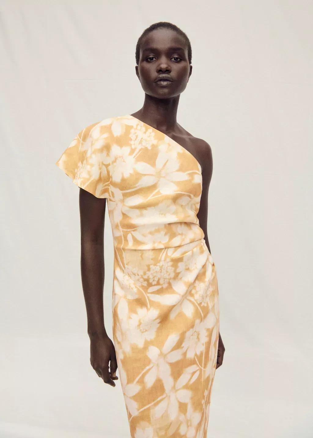 MEDIUM YELLOW Asymmetrical floral linen dress, , large image number 0