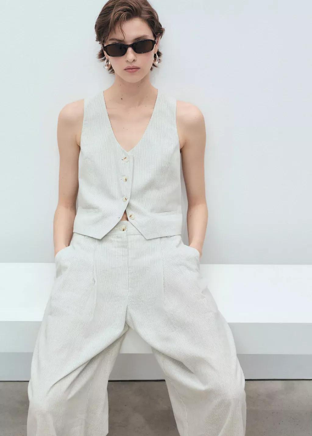 LIGHT BEIGE Straight-fit linen-blend suit trousers, , large image number 1