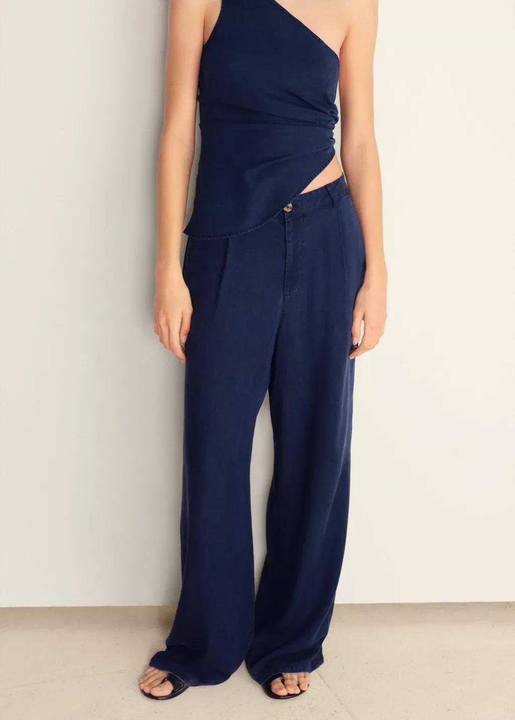 Blue Wide-Leg Lyocell Trousers With Pleats, , large image number 0