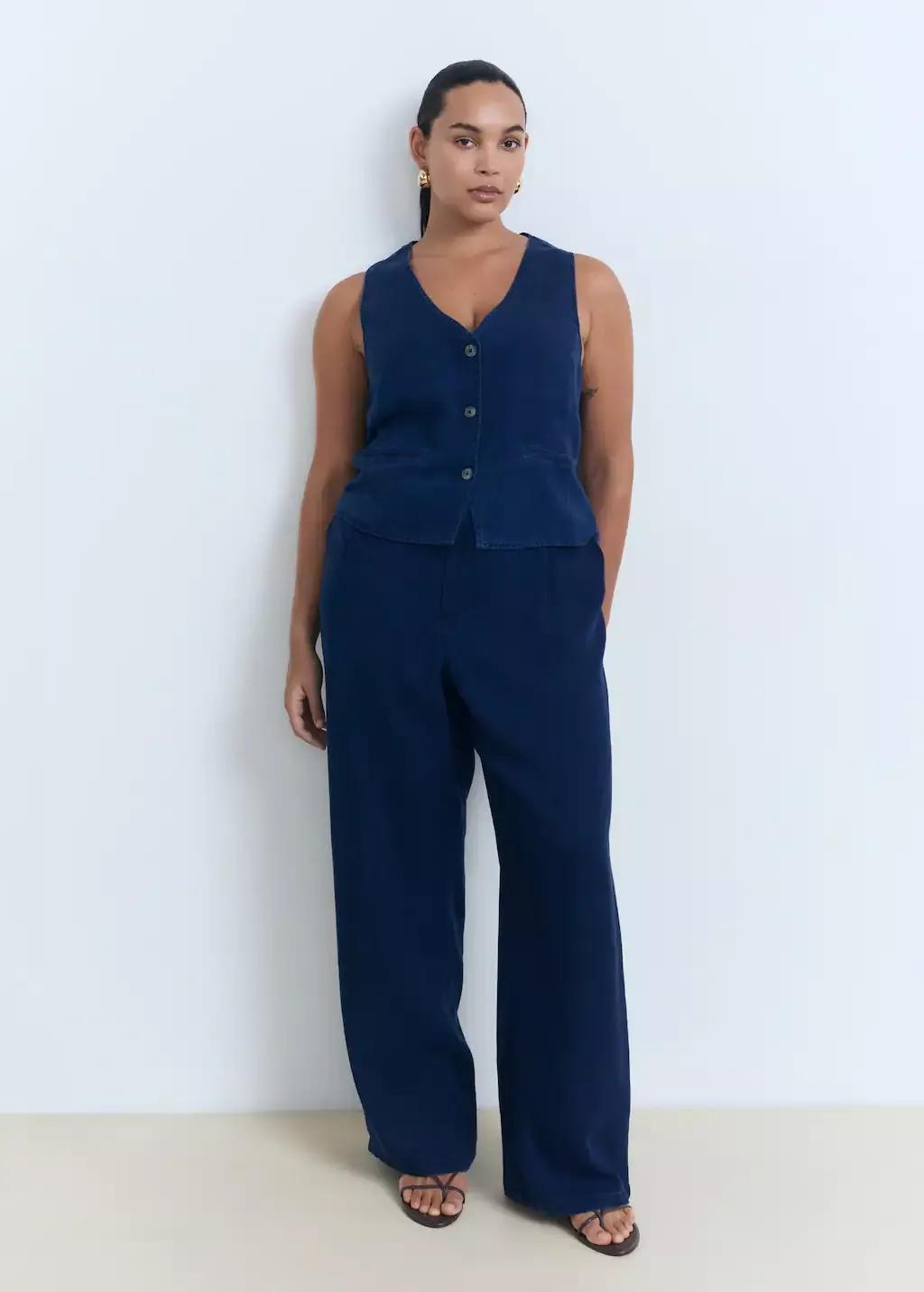 Blue Wide-Leg Lyocell Trousers With Pleats, , large image number 3