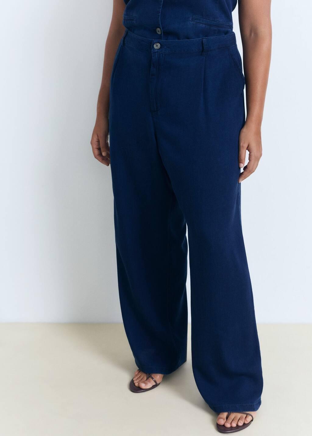 Blue Wide-Leg Lyocell Trousers With Pleats, , large image number 7