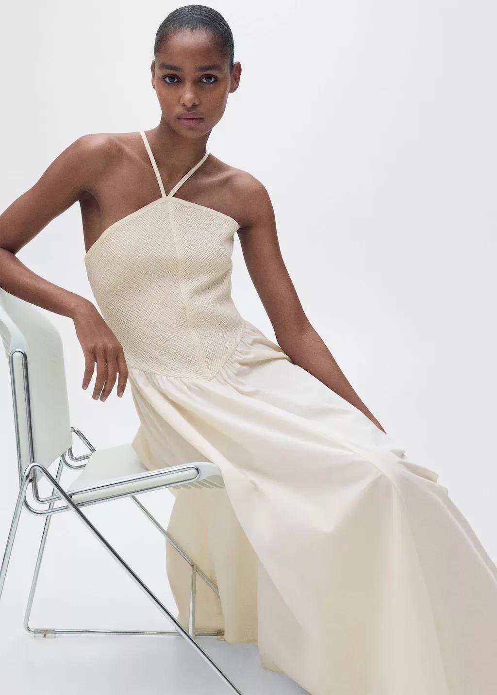 Beige Combined Halter-Neck Dress, , large image number 0