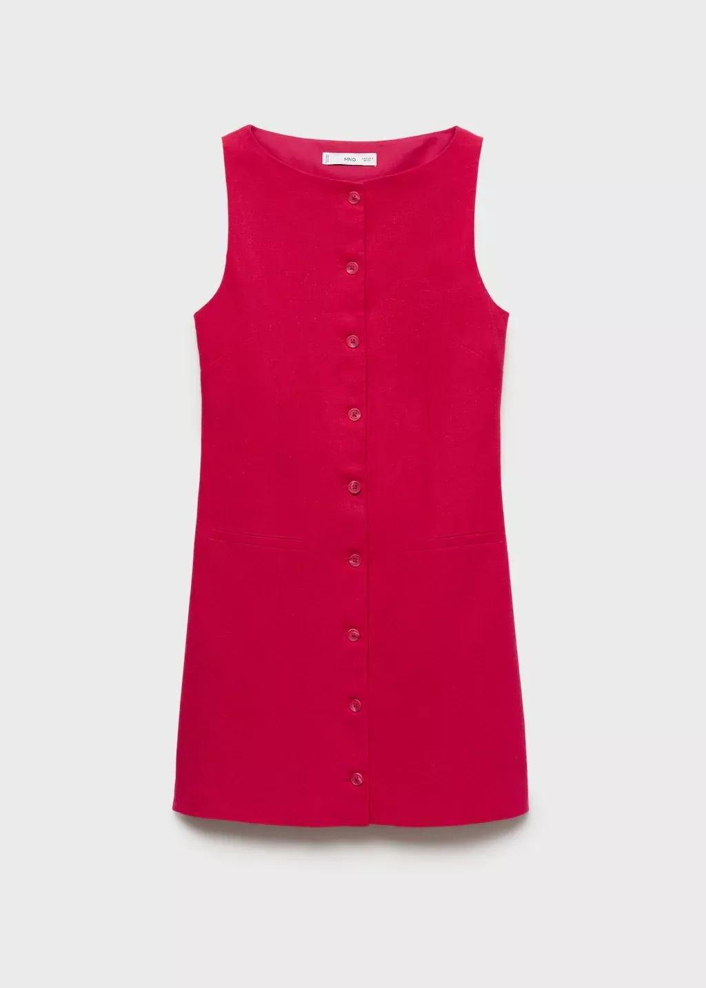 Red Short Button-Down Linen-Blend Dress, , large image number 0