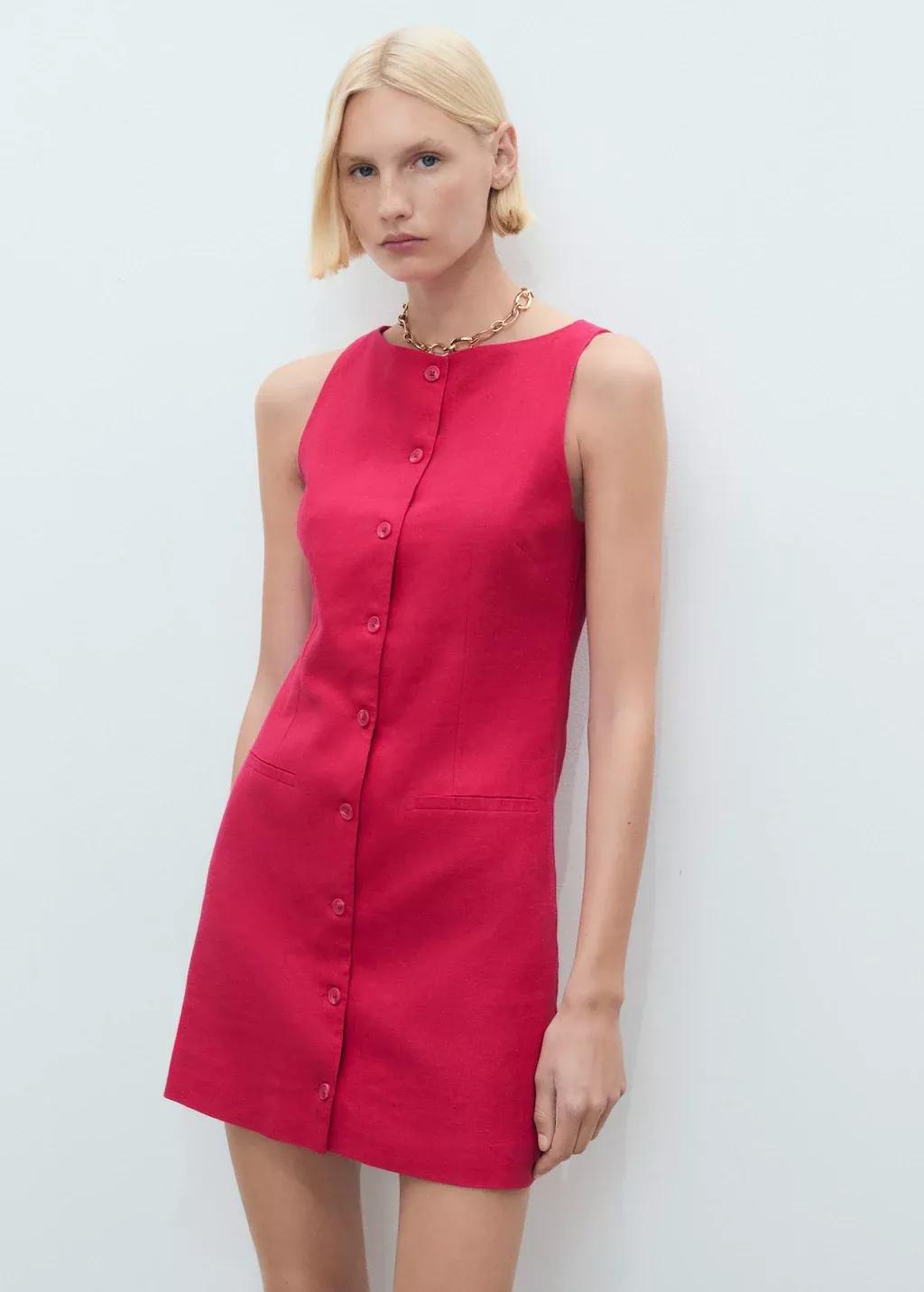 Red Short Button-Down Linen-Blend Dress, , large image number 1