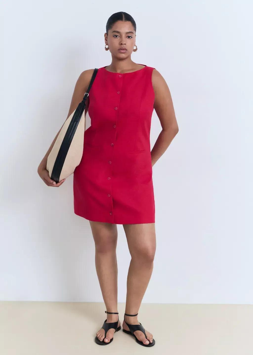 Red Short Button-Down Linen-Blend Dress, , large image number 4