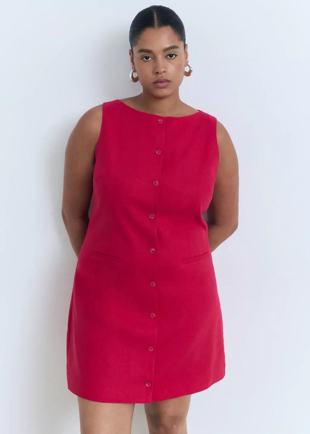 Red Short Button-Down Linen-Blend Dress, , large image number 8