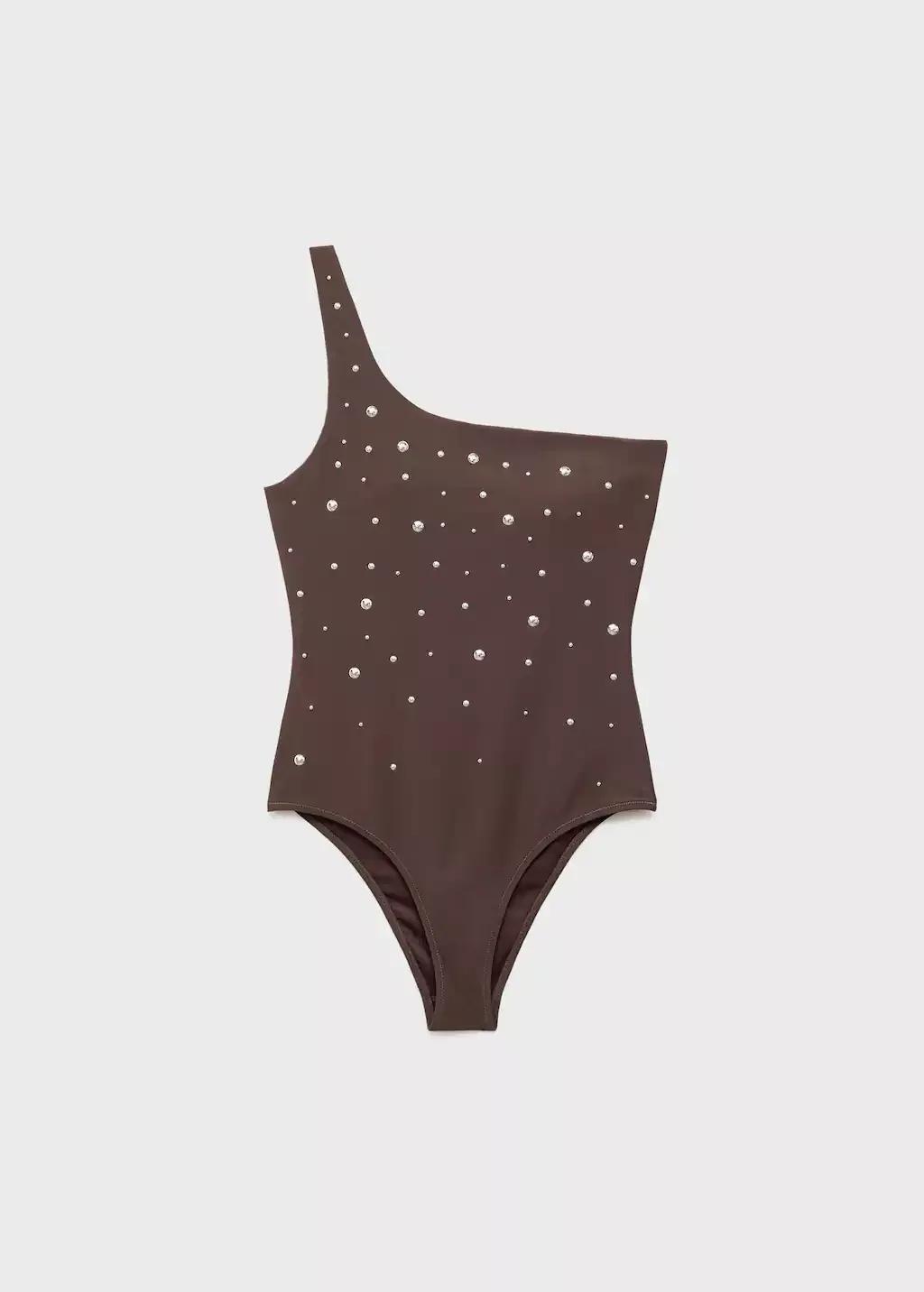 Brown Asymmetrical Swimsuit With Metallic Details, , large image number 0