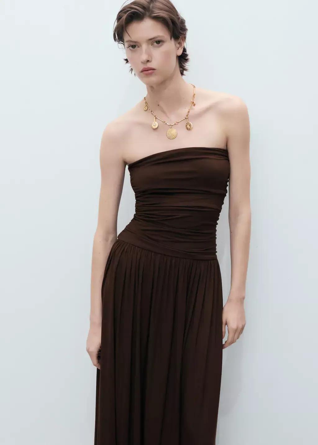 Brown Combined Strapless Dress, , large image number 0
