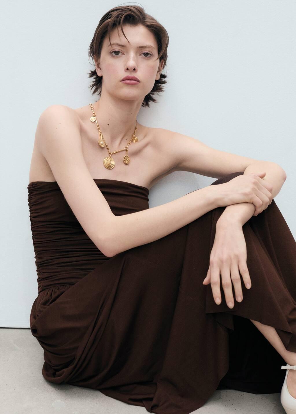 Brown Combined Strapless Dress, , large image number 2