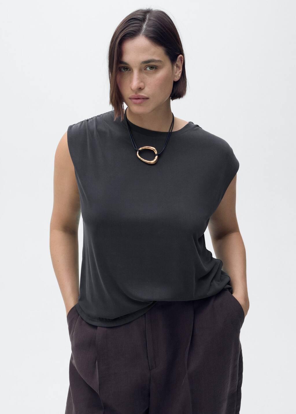 Grey Flowy T-Shirt With Gathered Shoulders, , large image number 6