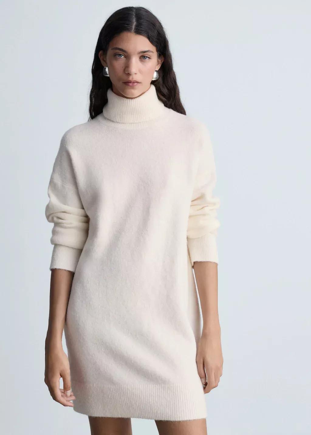 Beige Short Turtleneck Knitted Dress, , large image number 0