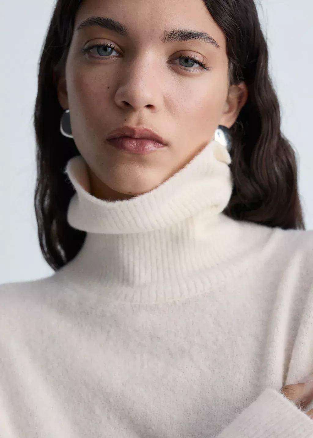 Beige Short Turtleneck Knitted Dress, , large image number 1