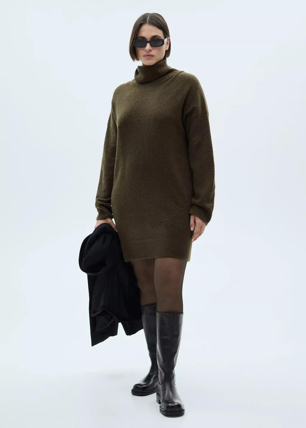 Khaki Short Turtleneck Knitted Dress, , large image number 1