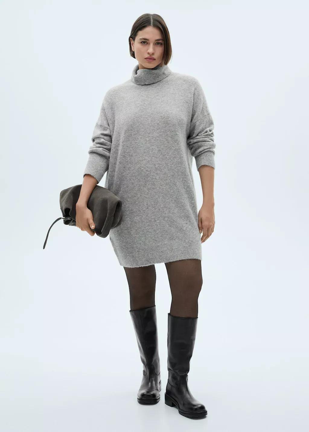 Grey Short Turtleneck Knitted Dress, , large image number 4