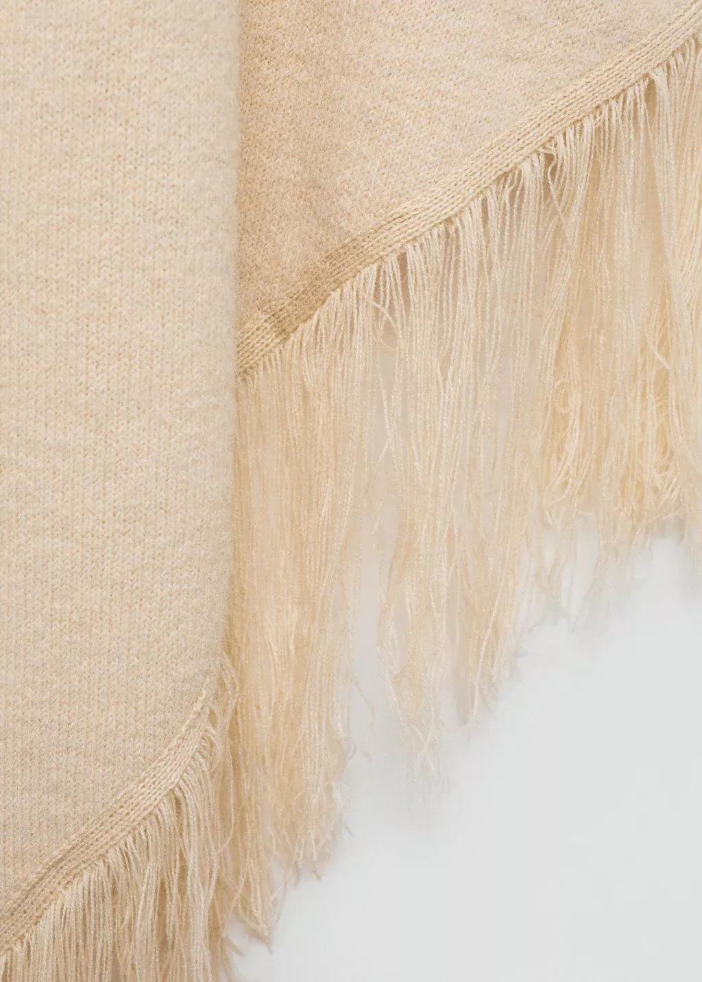 Beige Knitted Shawl With Fringed Ends, , medium