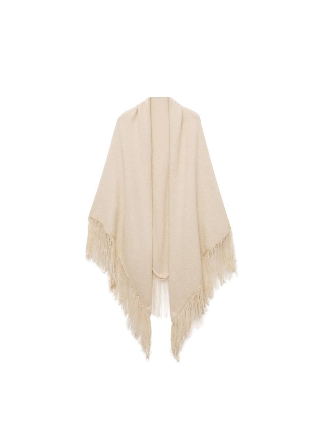 Beige Knitted Shawl With Fringed Ends, Light Beige, large image number 2