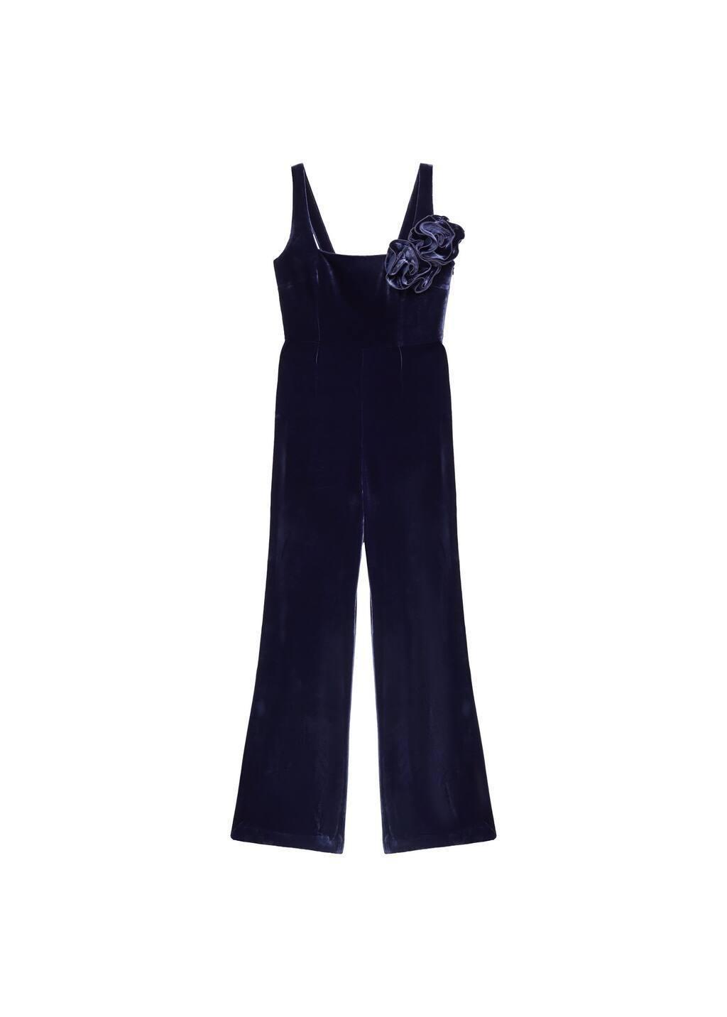 Blue Flared Velour Jumpsuit With Wide Straps, , large image number 3