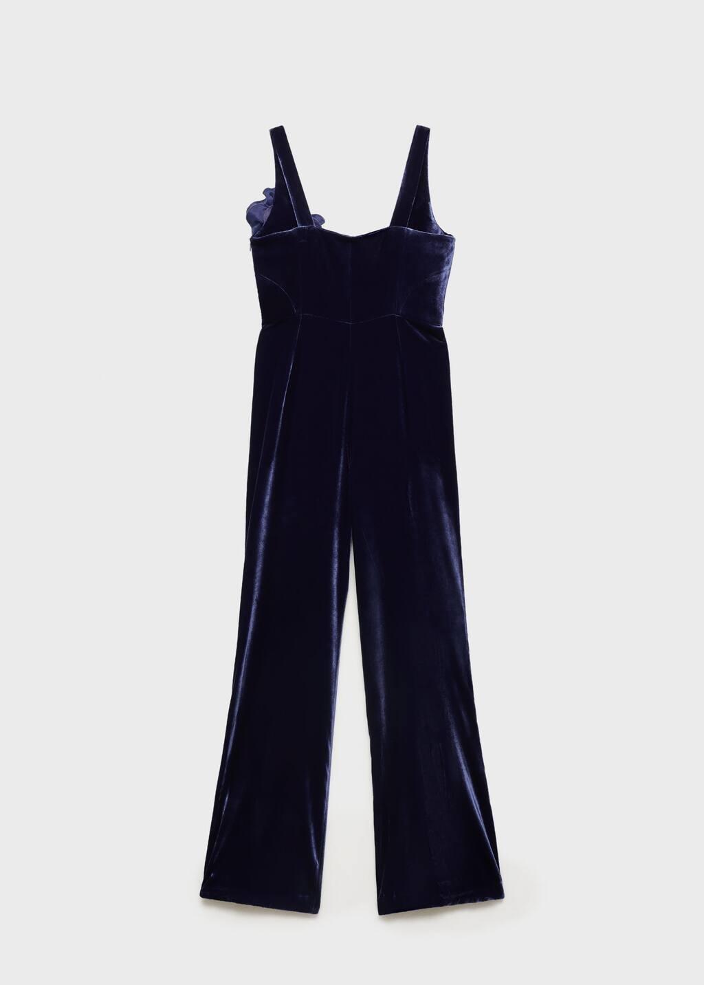 Blue Flared Velour Jumpsuit With Wide Straps, , large image number 4