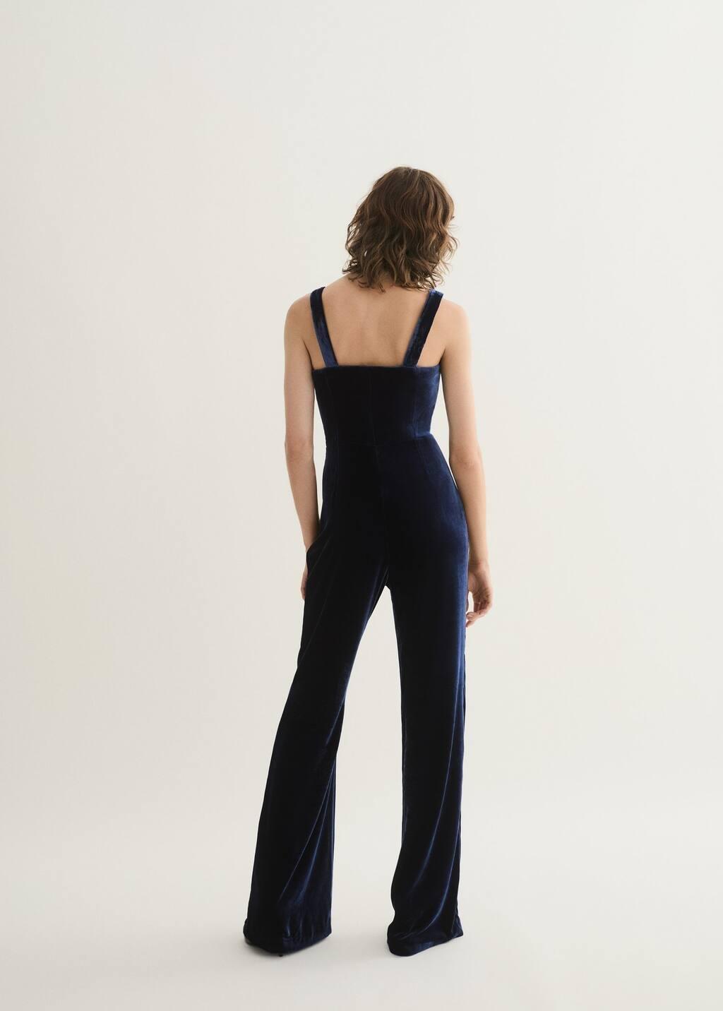 Blue Flared Velour Jumpsuit With Wide Straps, , large image number 5