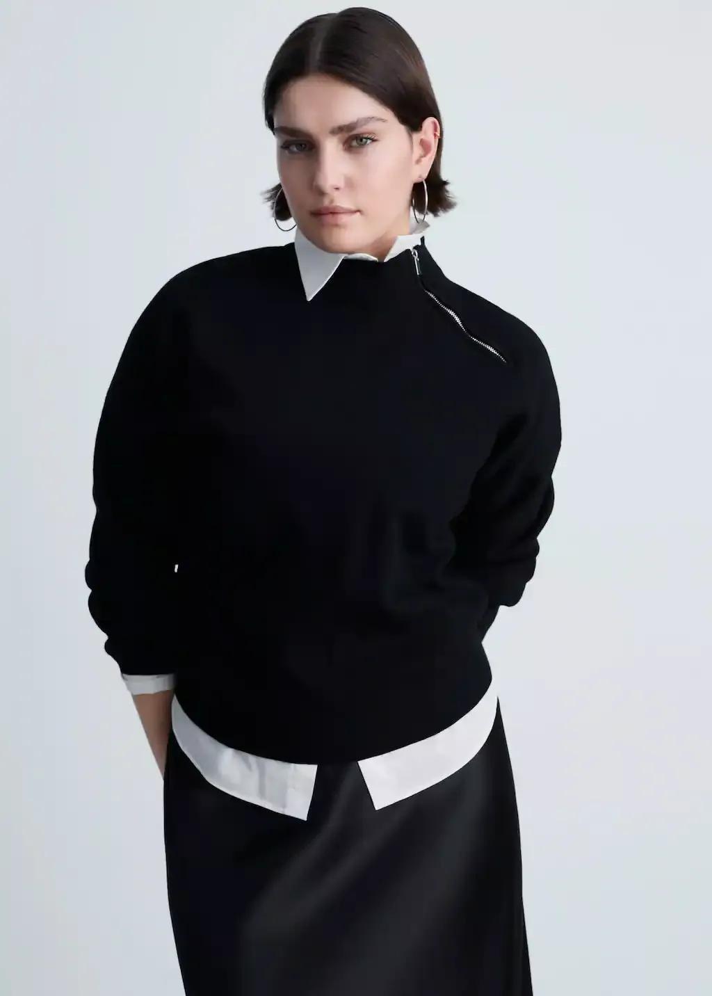 Black Perkins-Neck Sweater With Zip, , large image number 8