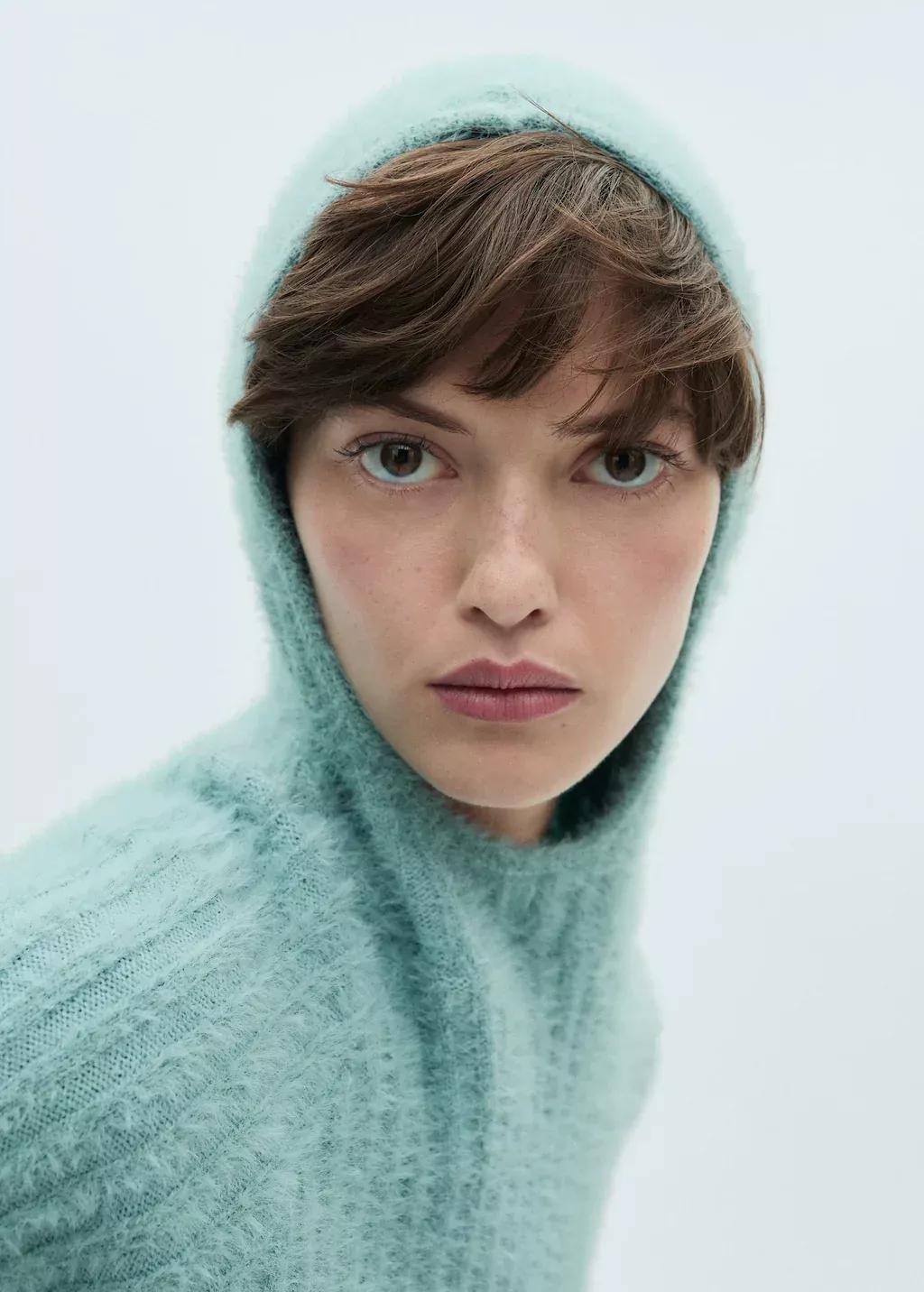 Turquoise Fur-Effect Hooded Sweater, , large image number 1