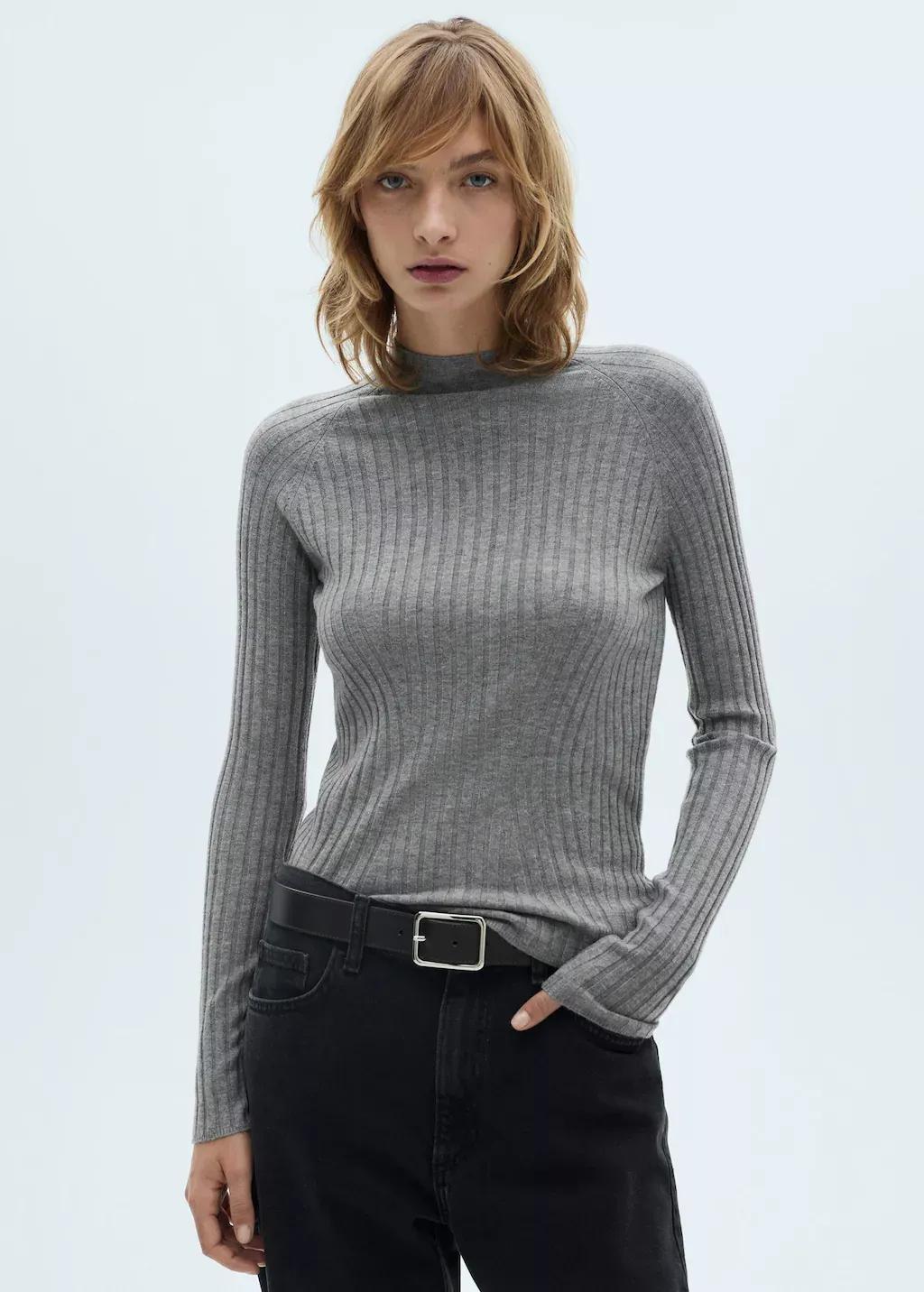 Grey Perkins-Neck Rib-Knit Sweater, , large image number 0