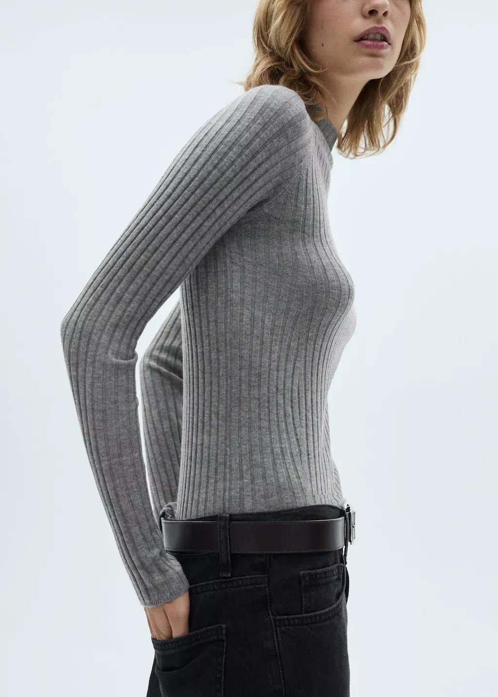 Grey Perkins-Neck Rib-Knit Sweater, , large image number 1