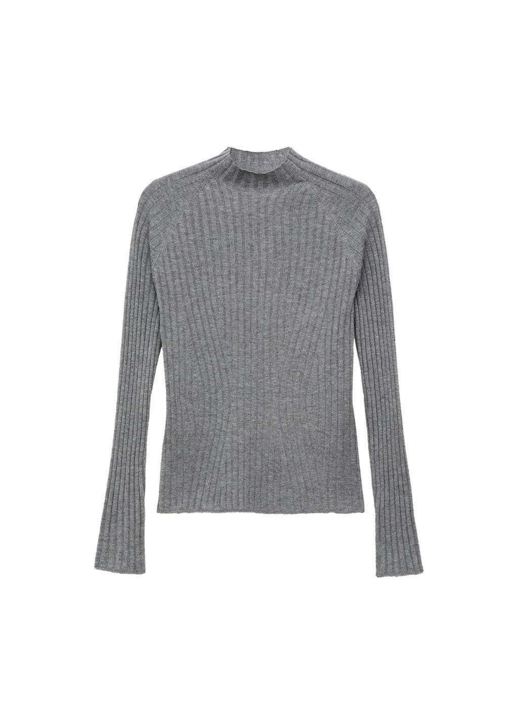 Grey Perkins-Neck Rib-Knit Sweater, , large image number 5