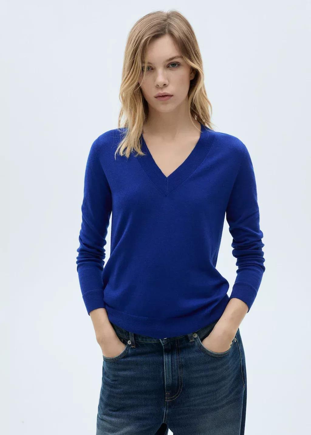 Blue V-Neck Knit Sweater, , medium