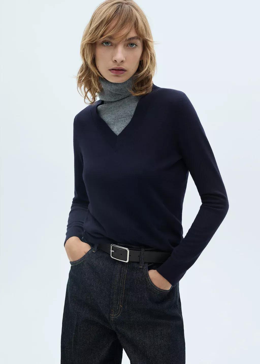 Navy V-Neck Knit Sweater, Navy, large image number 0