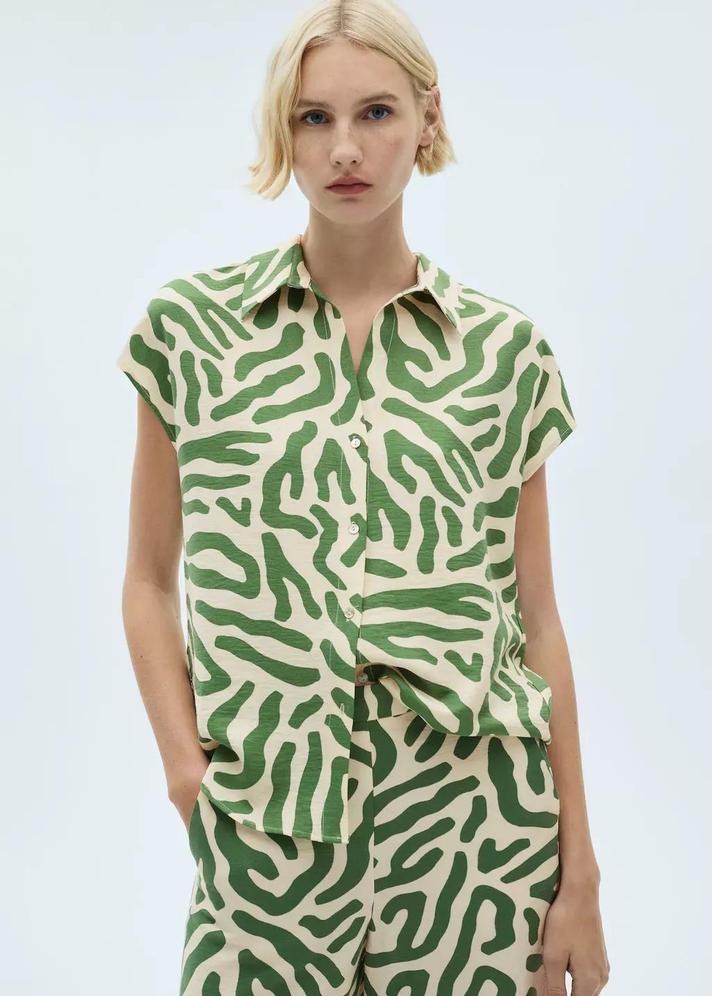 Green Abstract Button Down Blouse, , medium