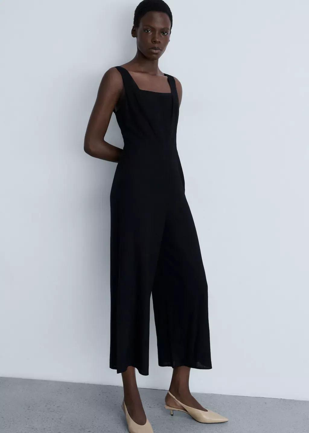 Black Straight Linen Mix Jumpsuit, , medium