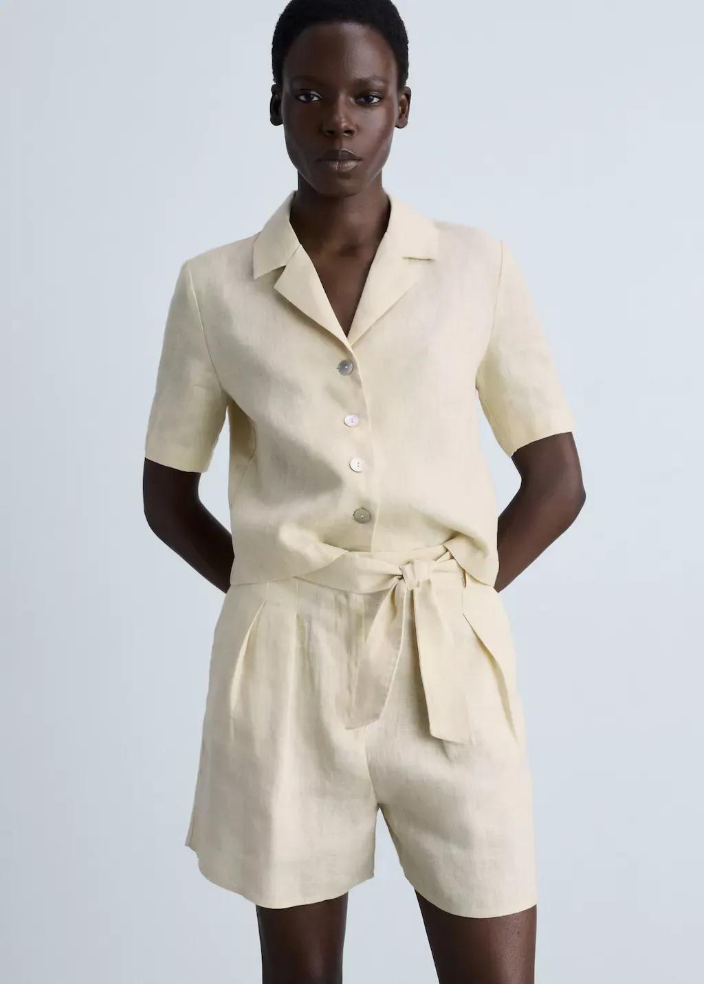 Beige Linen Shorts With Belt, , large image number 0