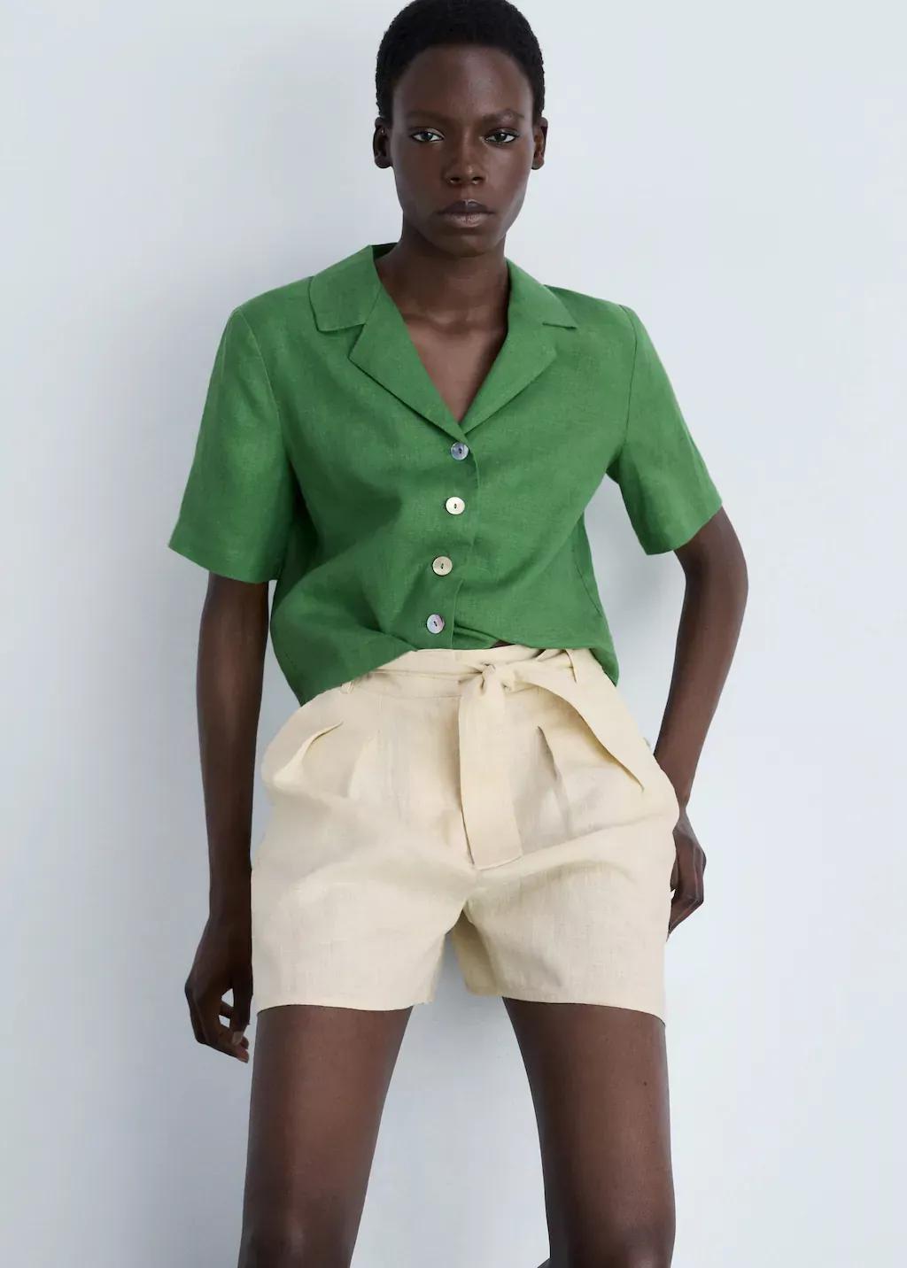 Beige Linen Shorts With Belt, , large image number 1