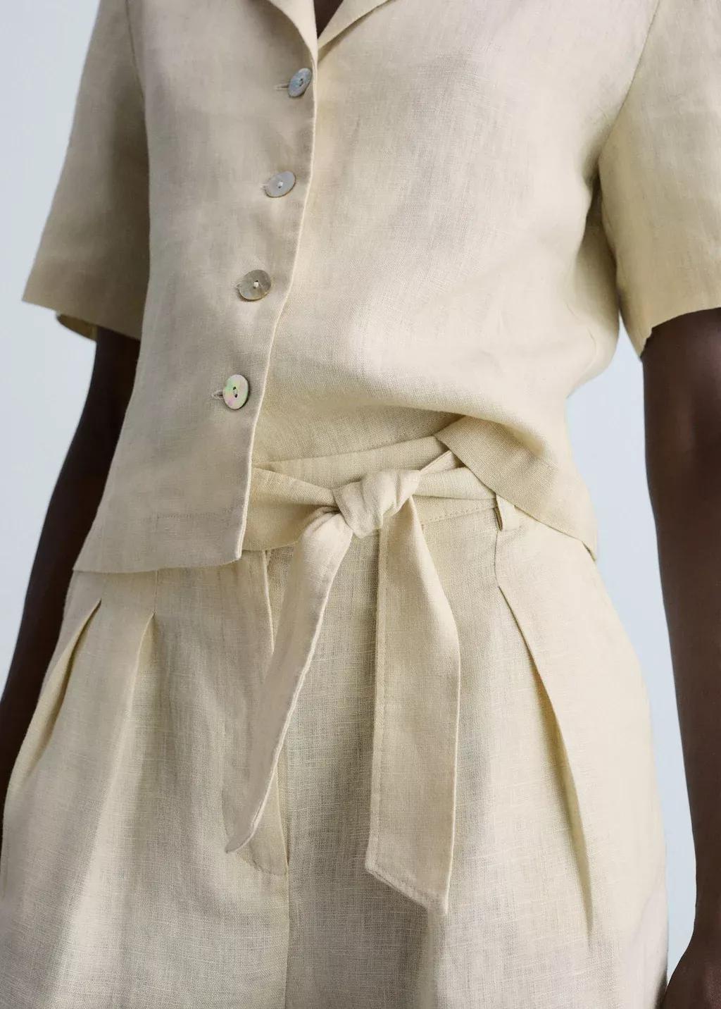 Beige Linen Shorts With Belt, , large image number 2