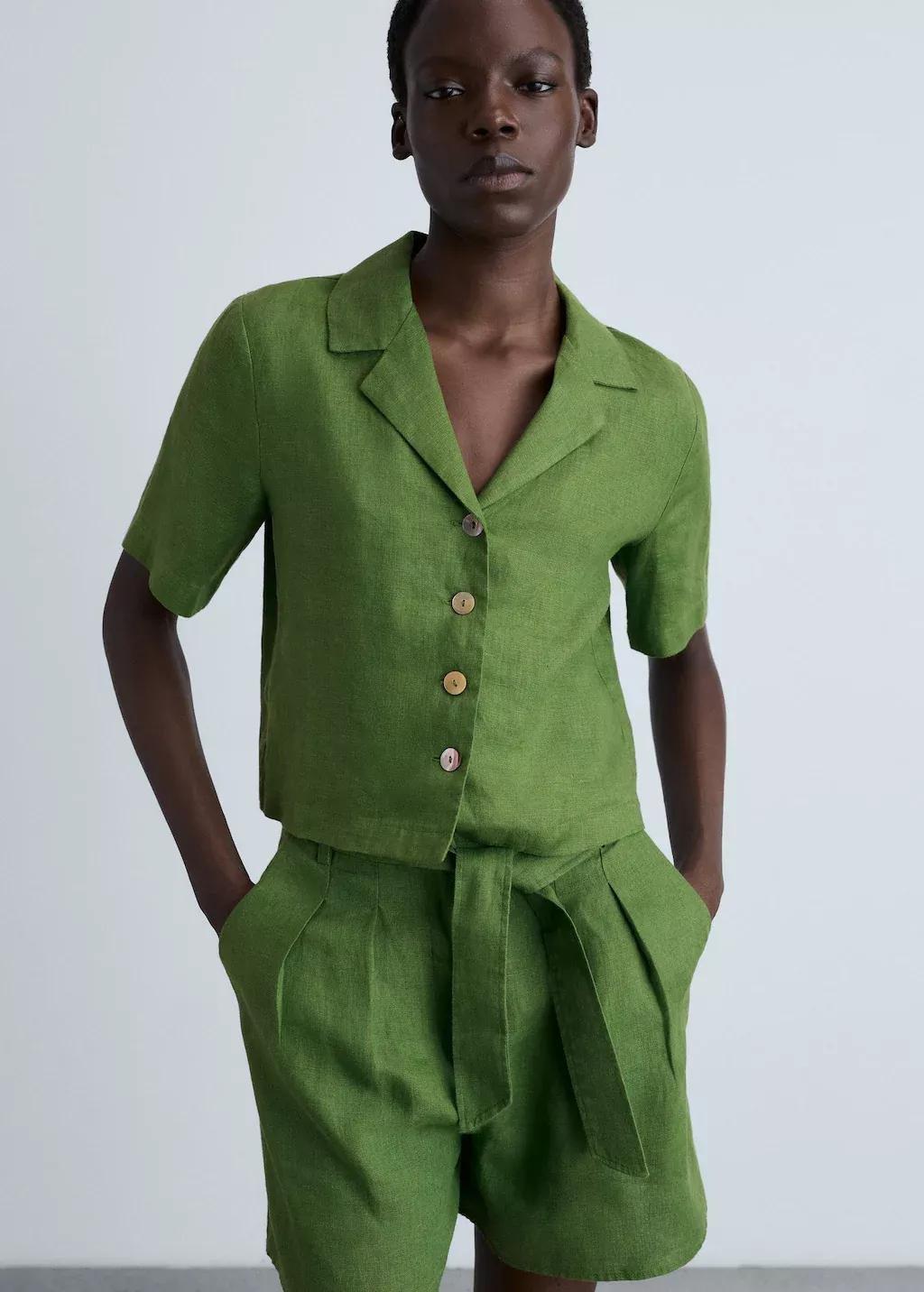 Green Linen Shorts With Belt, , large image number 0