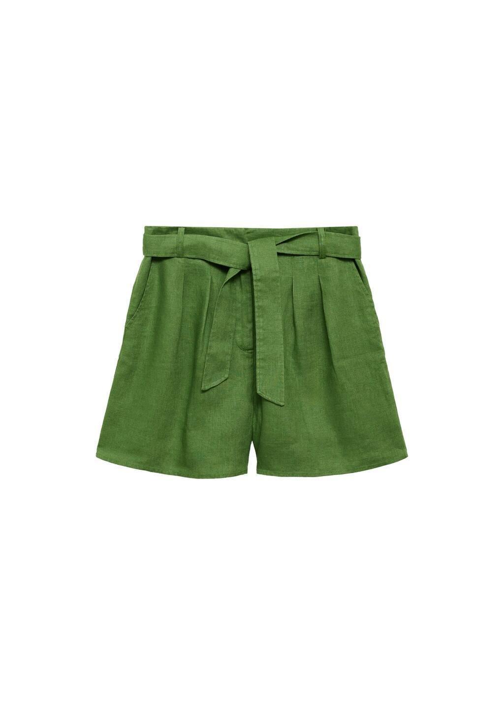 Green Linen Shorts With Belt, , large image number 3