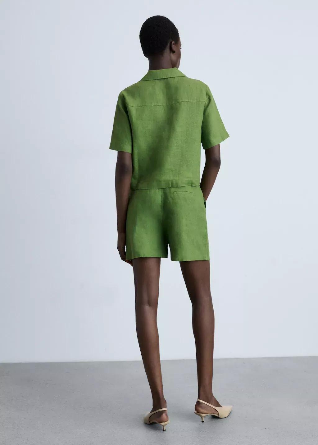 Green Linen Shorts With Belt, , large image number 4