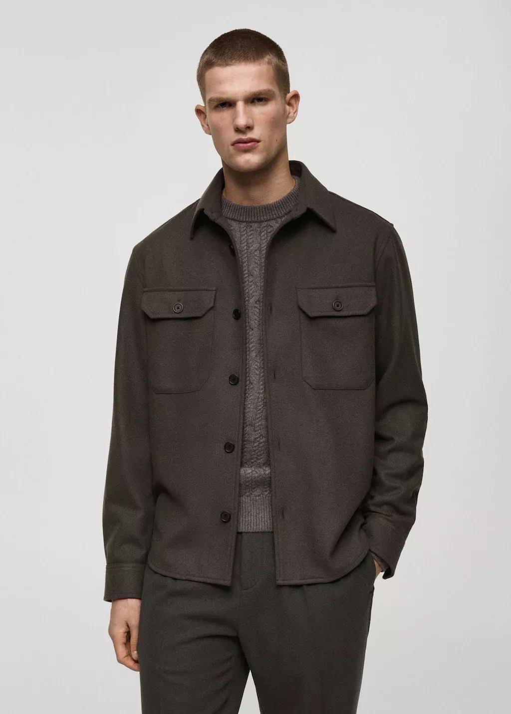Khaki Wool-Blend Flannel Overshirt, , medium