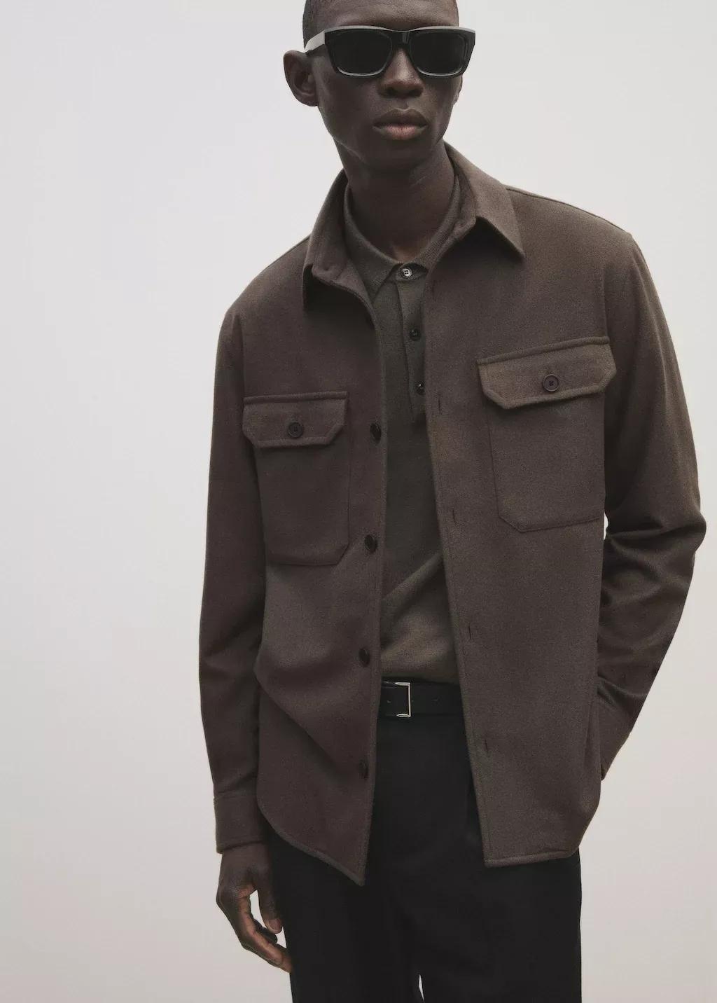 Khaki Wool-Blend Flannel Overshirt, , large image number 4