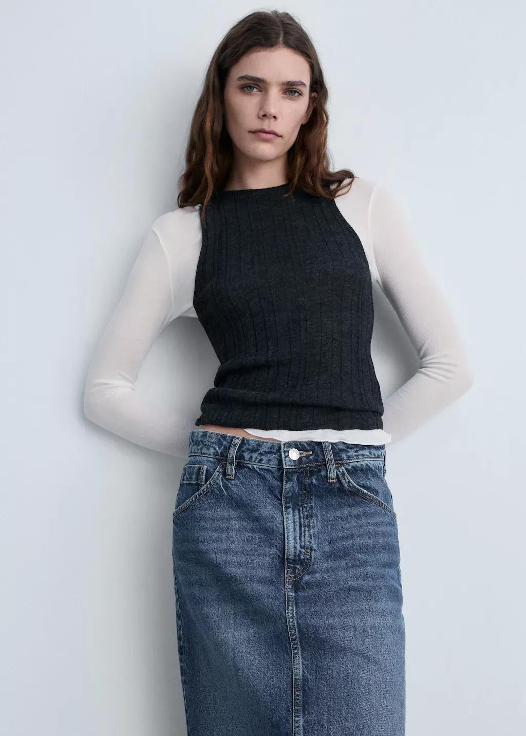 Blue Denim Midi-Skirt, , medium