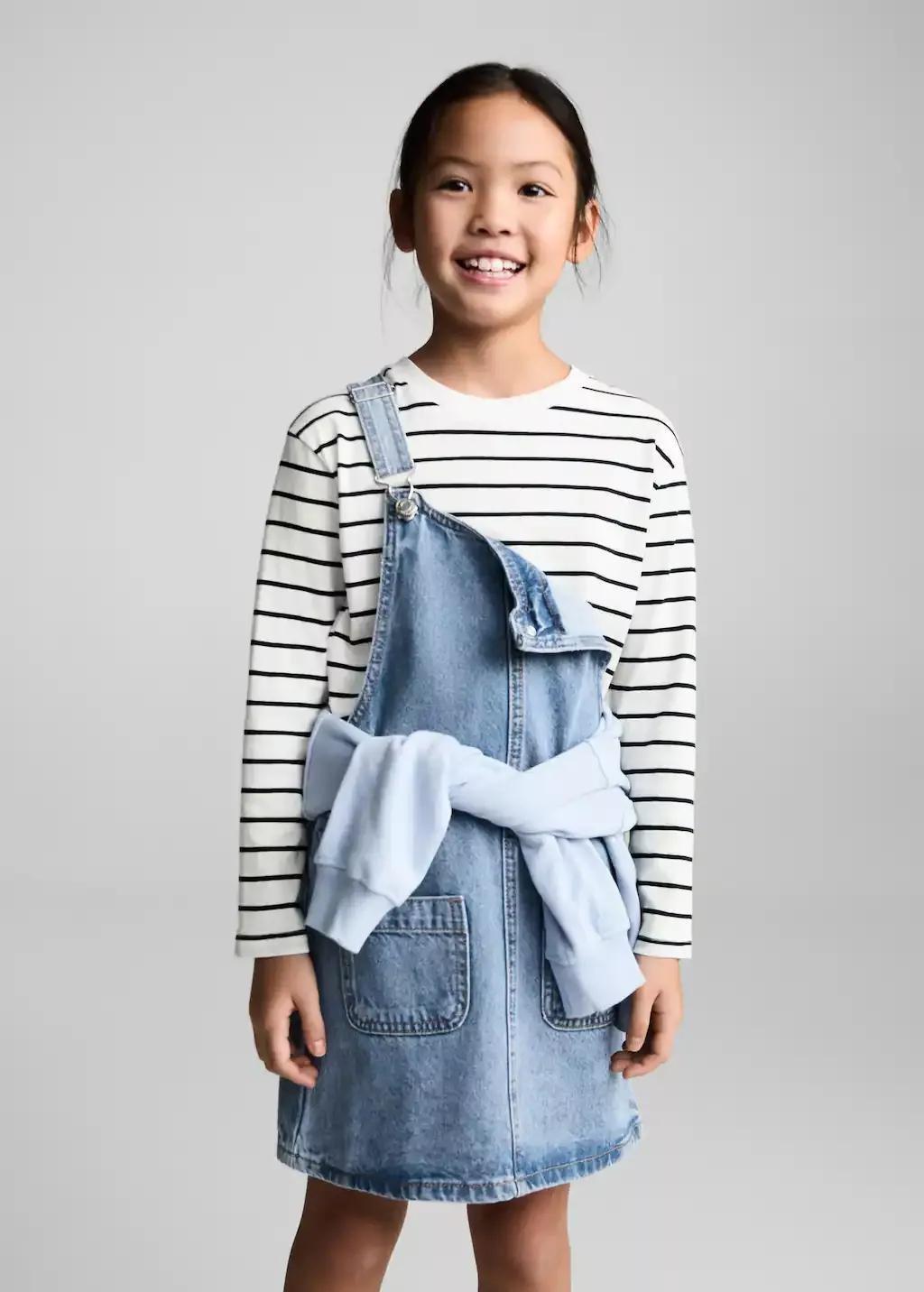 White 100% Cotton Striped T-Shirt, Kids Girl, , medium