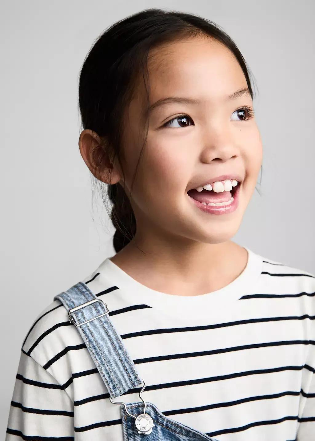 White 100% Cotton Striped T-Shirt, Kids Girl, , large image number 1