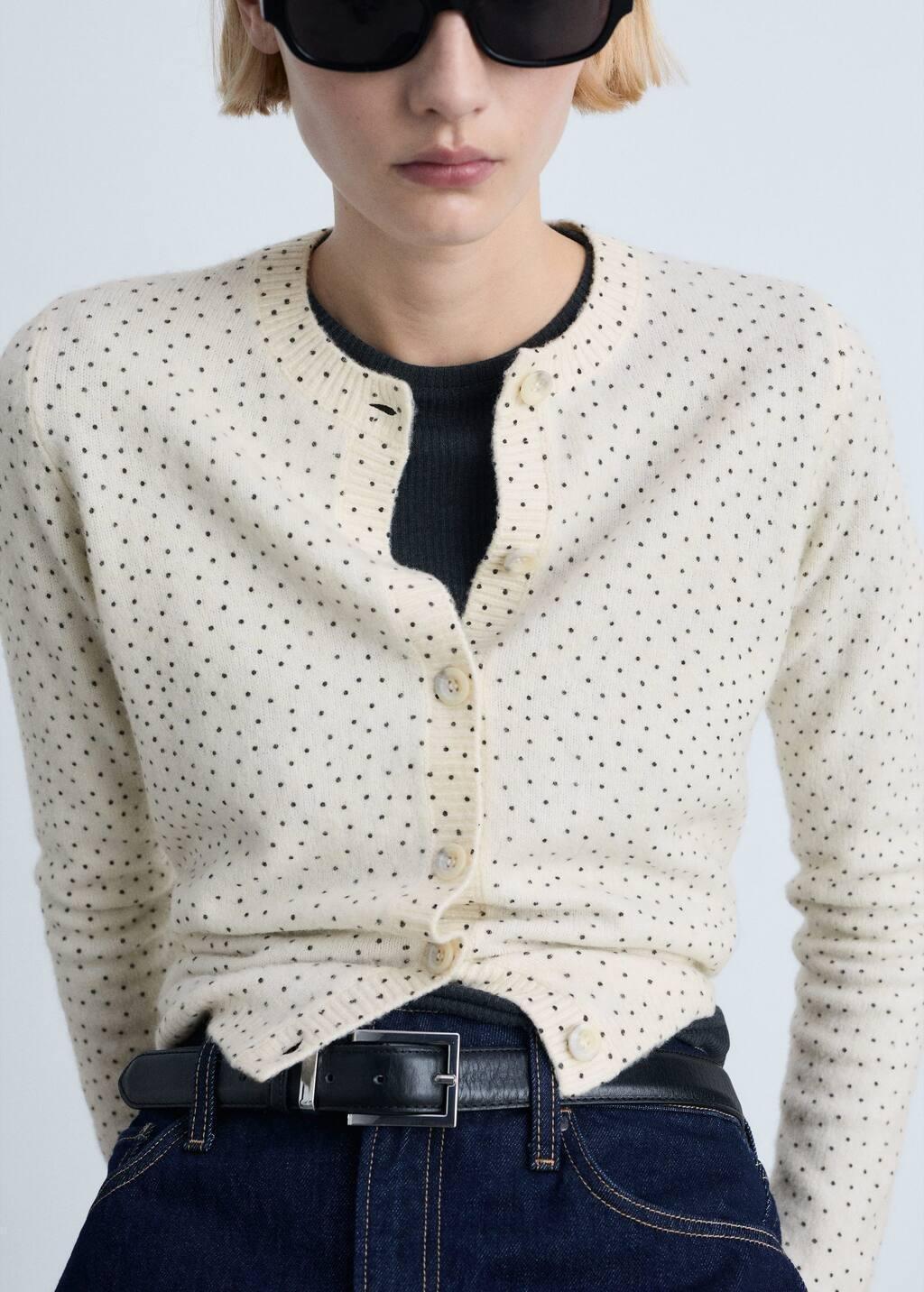 Beige Polka-Dot Knitted Cardigan, , large image number 1
