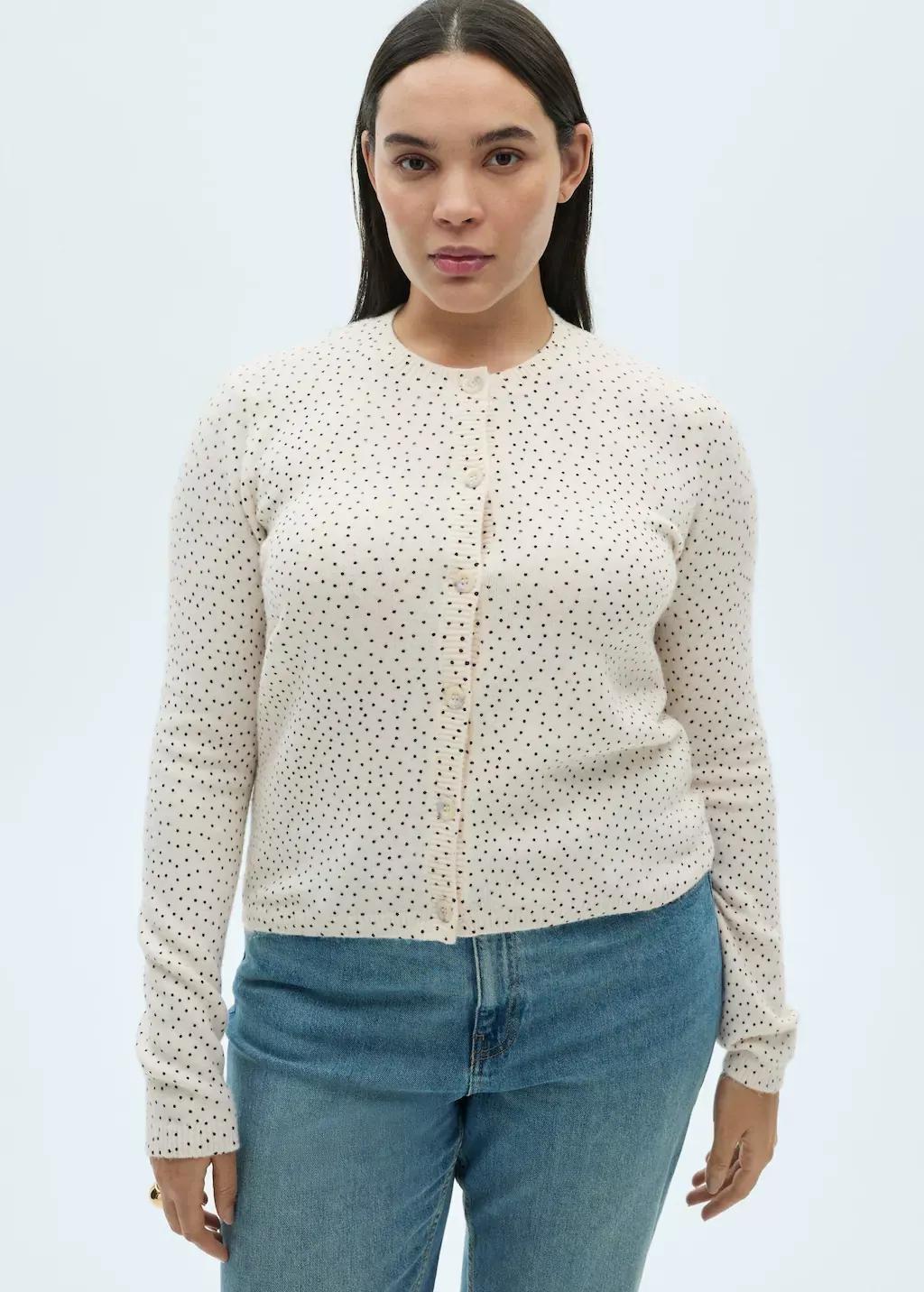 Beige Polka-Dot Knitted Cardigan, , large image number 8