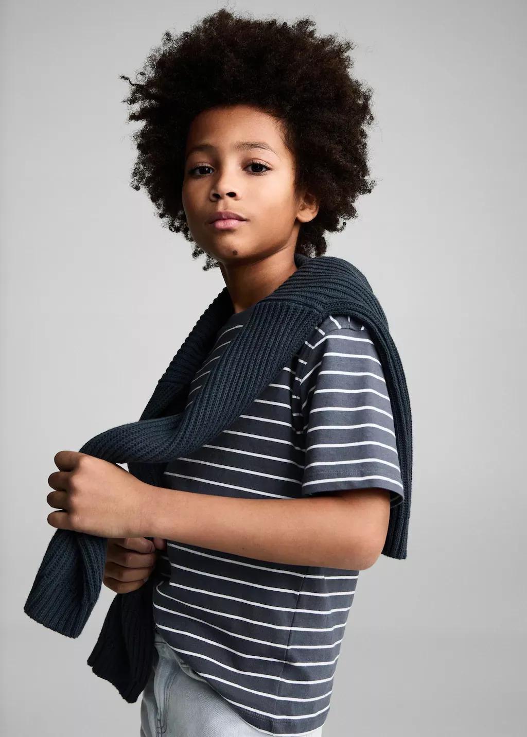 Grey Striped Cotton T-Shirt, Kids Boy, , large image number 0
