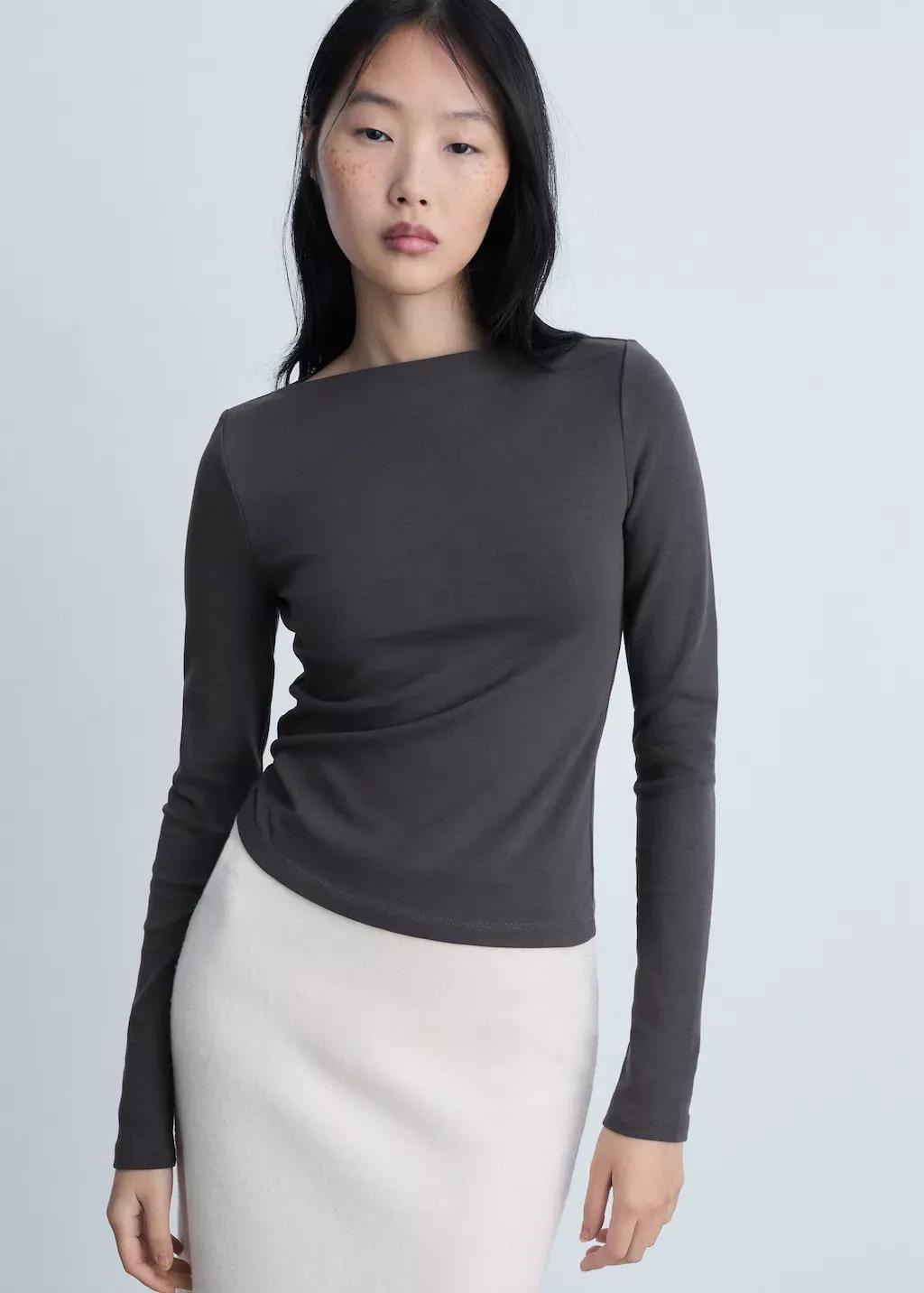 Grey Cotton Boat Neck T-Shirt, , large image number 0