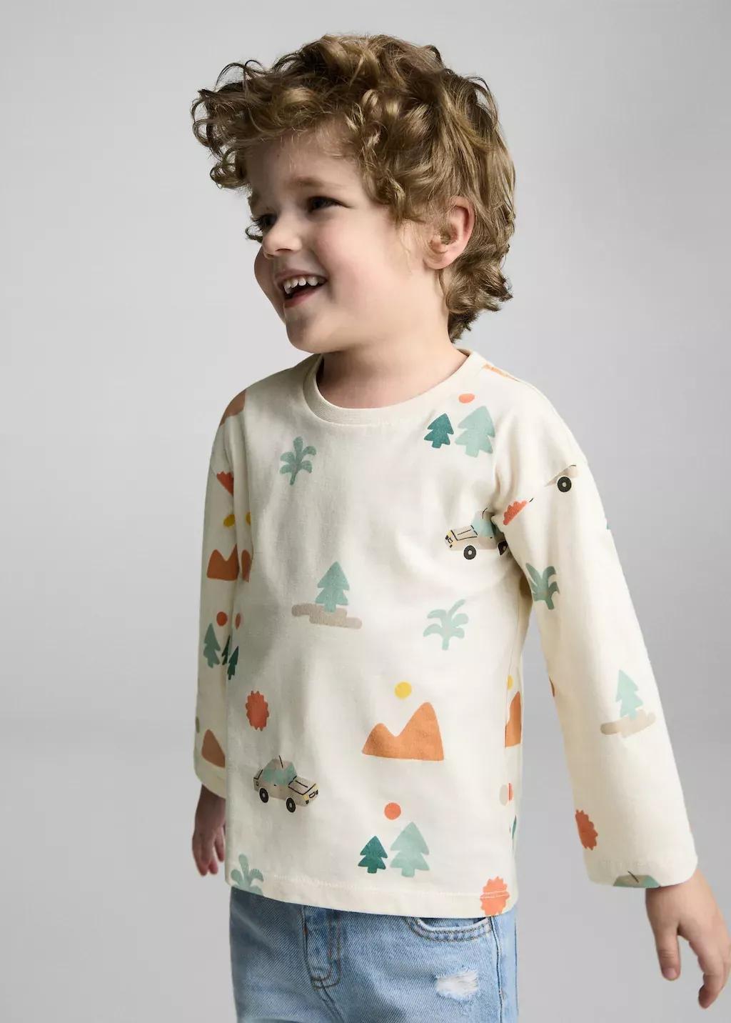 Beige 100% Cotton T-Shirt With Printed Drawing, Baby Boy, , medium