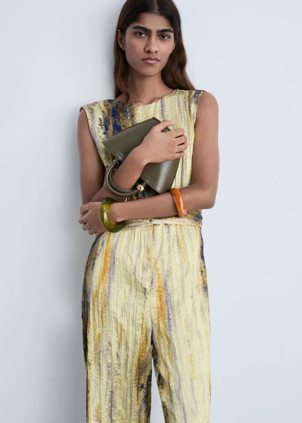 Yellow Long Satin Textured Jumpsuit, , medium